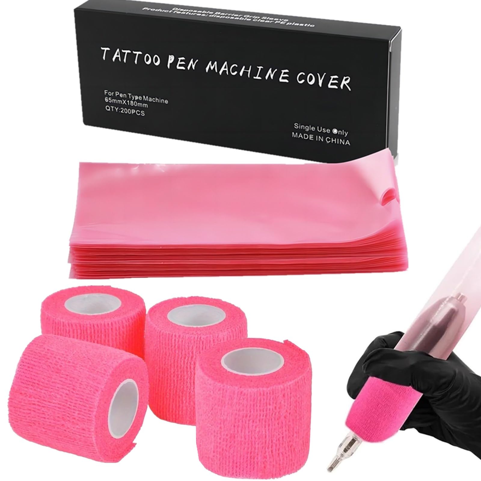 Yuelong Large Tattoo Machine Covers with Grip Tape - 200Pcs Pink Tattoo Pen Bags and 4Pcs Grip Wrap Kit Combination Machine Sleeves Bags Self-Adhesive