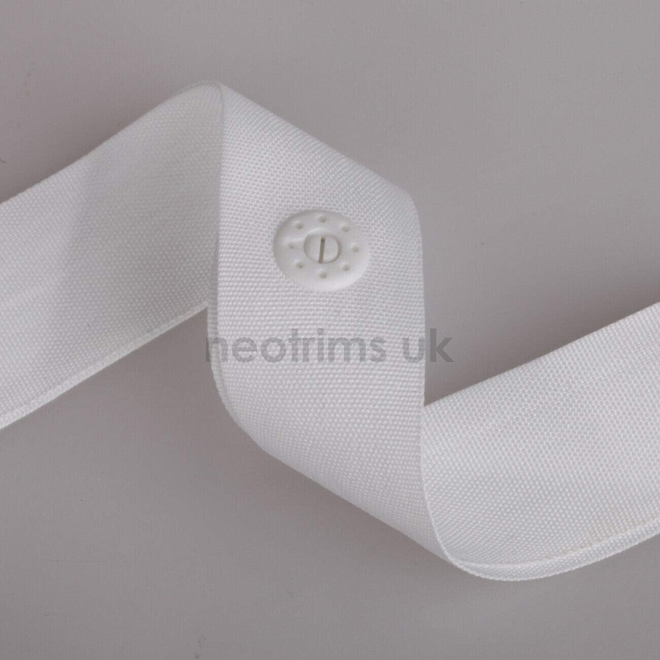 Snap Tape Press Stud Popper Ribbon,Fasten Trim.10cms Gap,Black White.High Strength Resin Fasteners,Polyester Washable Tape. Babygro Crotch Rompers,Curtains Neotrims UK. White, 50 Yards
