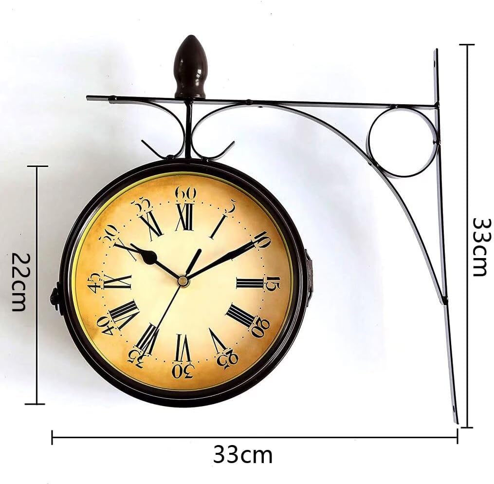 Double Sided Wall Clock Vintage Wrought Iron Round Clock for Outdoor Garden Decoration Black