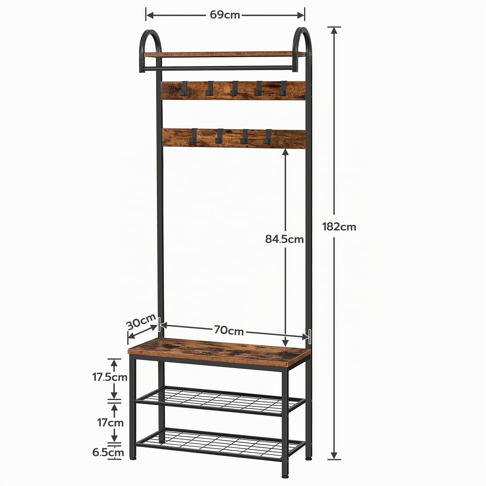 HOOBRO Garderobe, Garderobenständer, Schuhregal mit Sitzfläche, Kleiderständer mit 9 Haken, Sitzbank, Kleiderstange, 182 cm hoch, Flur, Wohnzimmer, Metallrahmen, vintagebraun-schwarz EBF13MT01