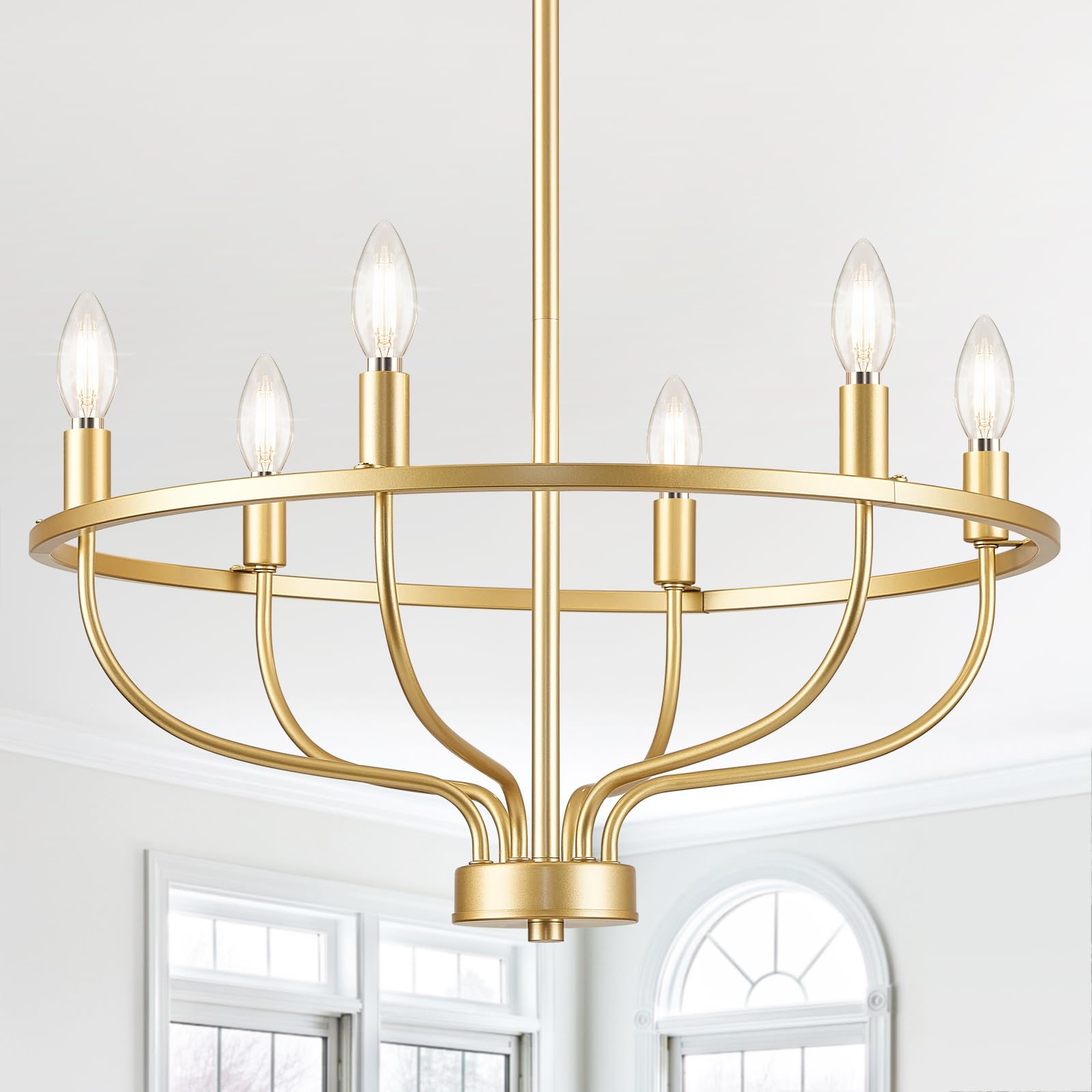 6 Light Modern Gold Chandelier,Farmhouse Chandeliers for Dining Room Light Fixture Over Table,Brass Candle Ceiling Pendant Chandelier for Entryway Foyer Bedroom Kitchen Living Room