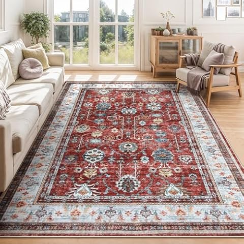 Seavish Washable Rugs 5x7 Area Rugs for Living Room Soft Bedroom Rug Low Pile Thin Large Boho Distressed Area Rug Red Oriental Rug Indoor Floor Carpet for Dining Room Playroom Office Foyer Cover