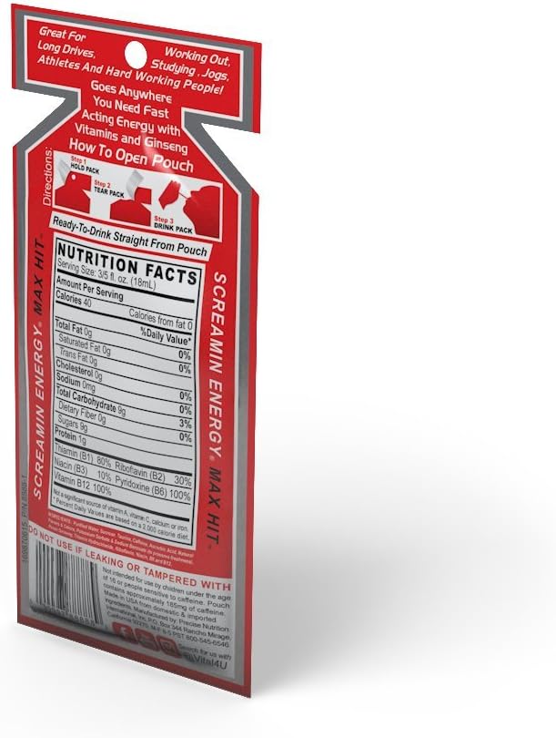 Screamin Energy Max Hit - Maximum Strength Energy Shot with Korean Panax Ginseng, Caffeine and B Vitamins - Coffee Mocha Flavor, 24 Count : Health & Household