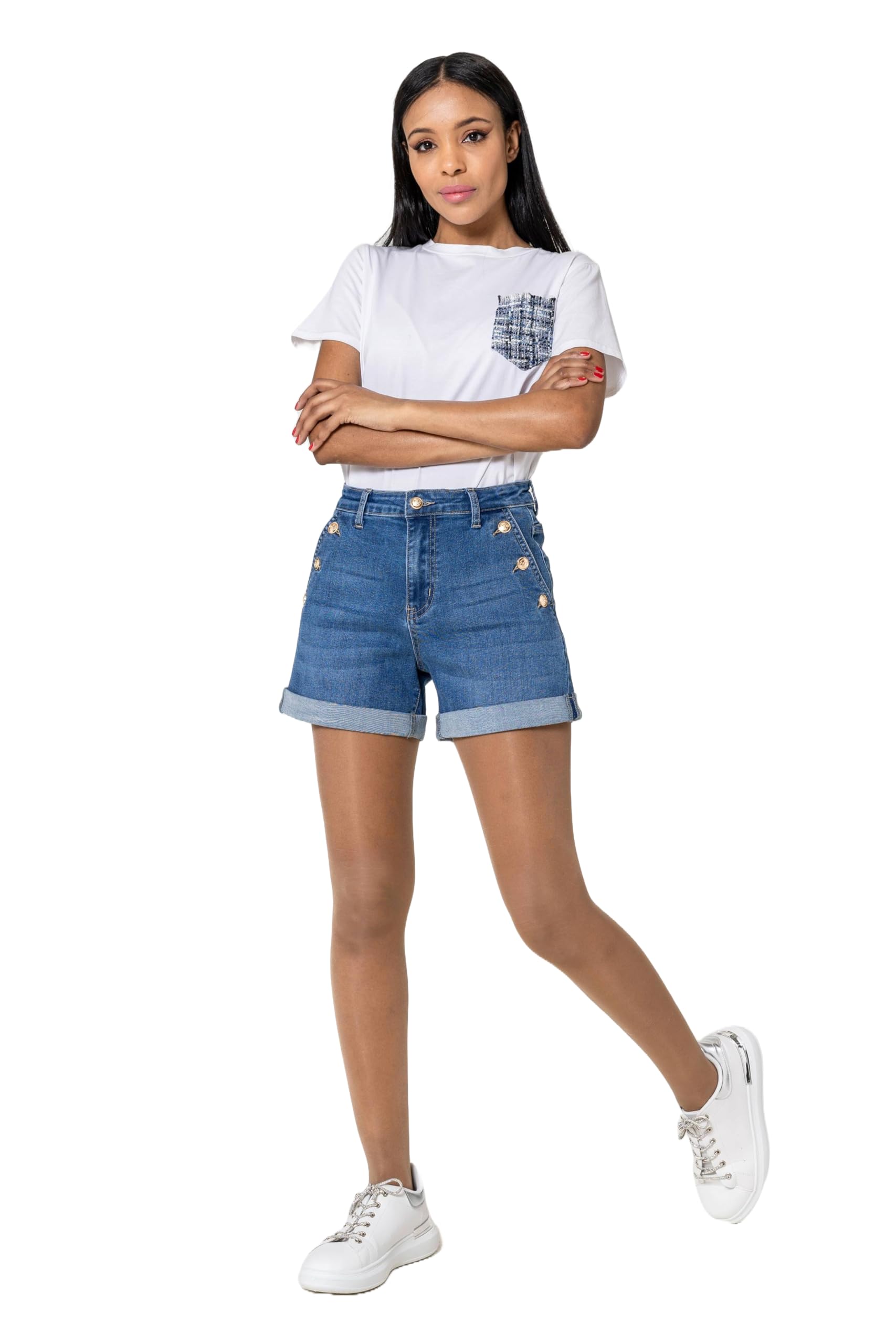 Nina Carter Short en jean taille haute pour femme, au look usé, élégant, short d'été en denim