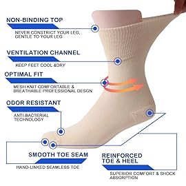 Facool Diabetic Socks for Men Women, Loose Top Non Binding Casual Crew Circulatory Seamless Cotton Quarter Loose Fit Diabetes Performance Anti-sweat Socks, 6 Pairs Beige Large