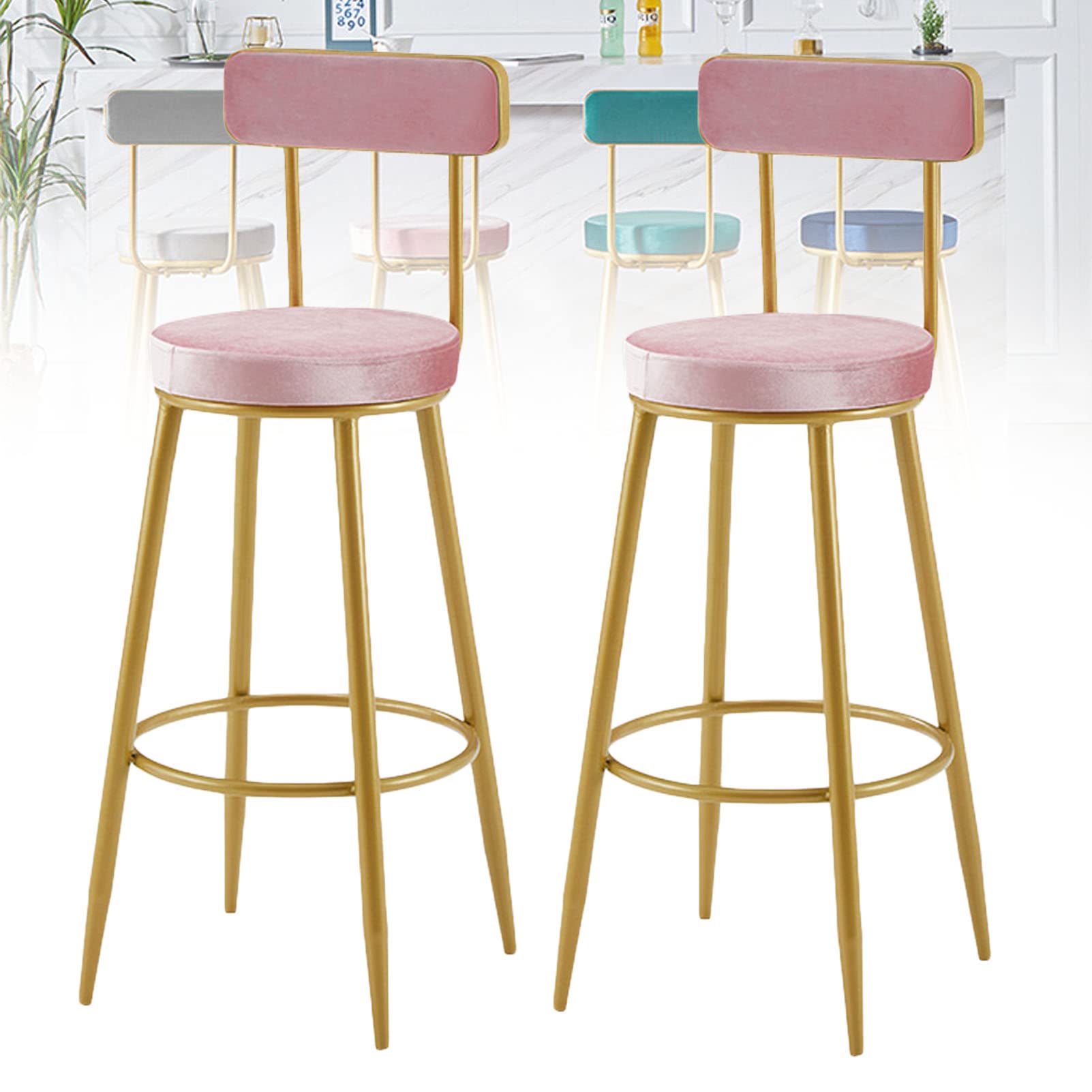 Tabouret de bar velours 65 cm lot de 2 chaise haute cuisine dossier or et salle à manger moderne