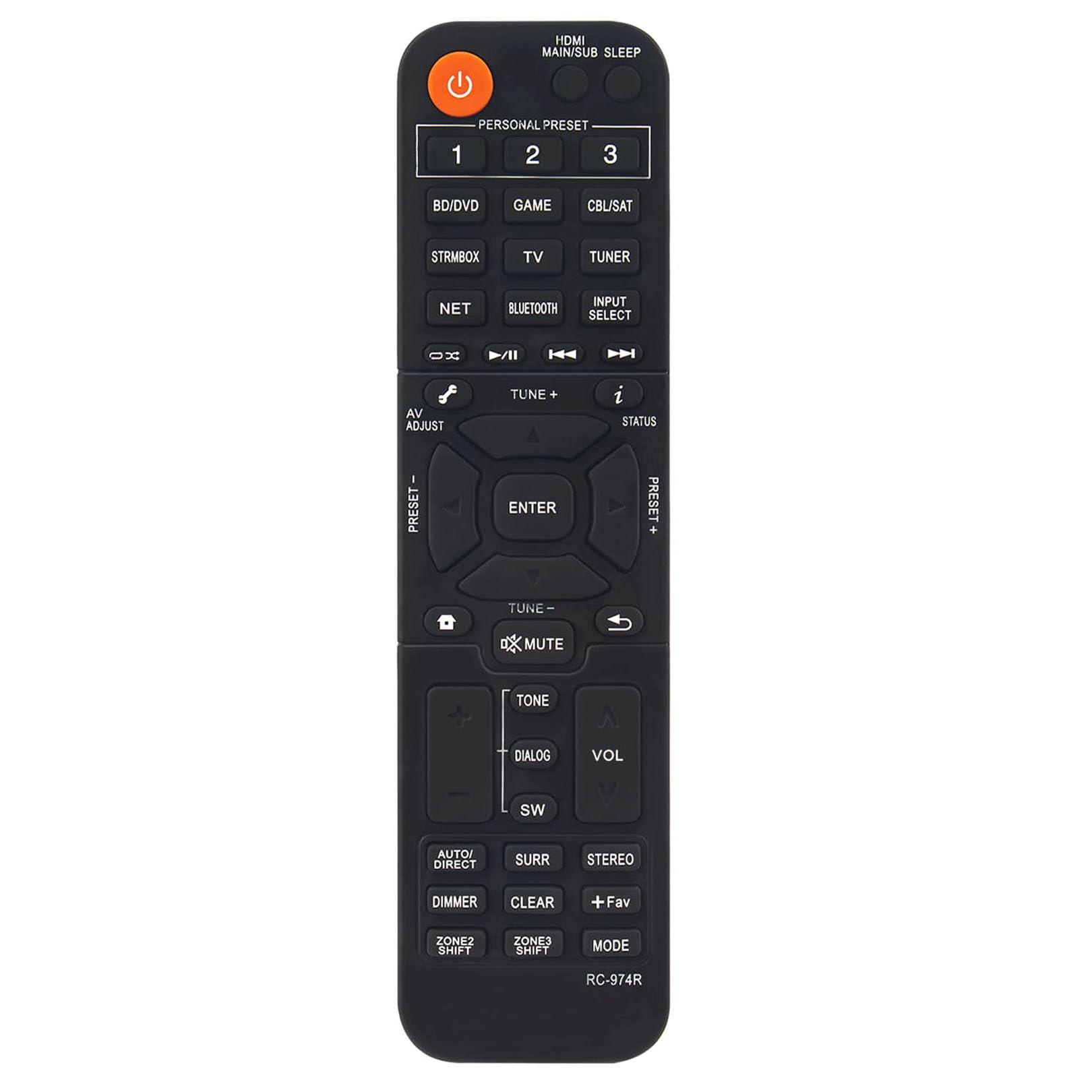 Davanti view of the RC-974R remote control showing all buttons