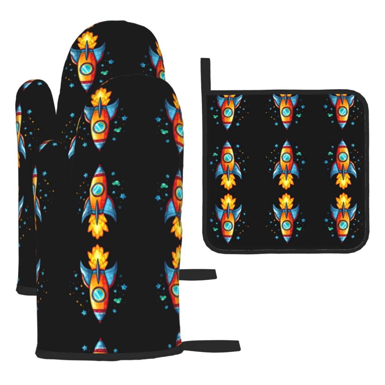 Rocket Clipart Space Ship Print Oven Mitts and Pot Holders Sets of 4,Resistant Hot Pads with Non-Slip Gloves for Kitchen,Cooking
