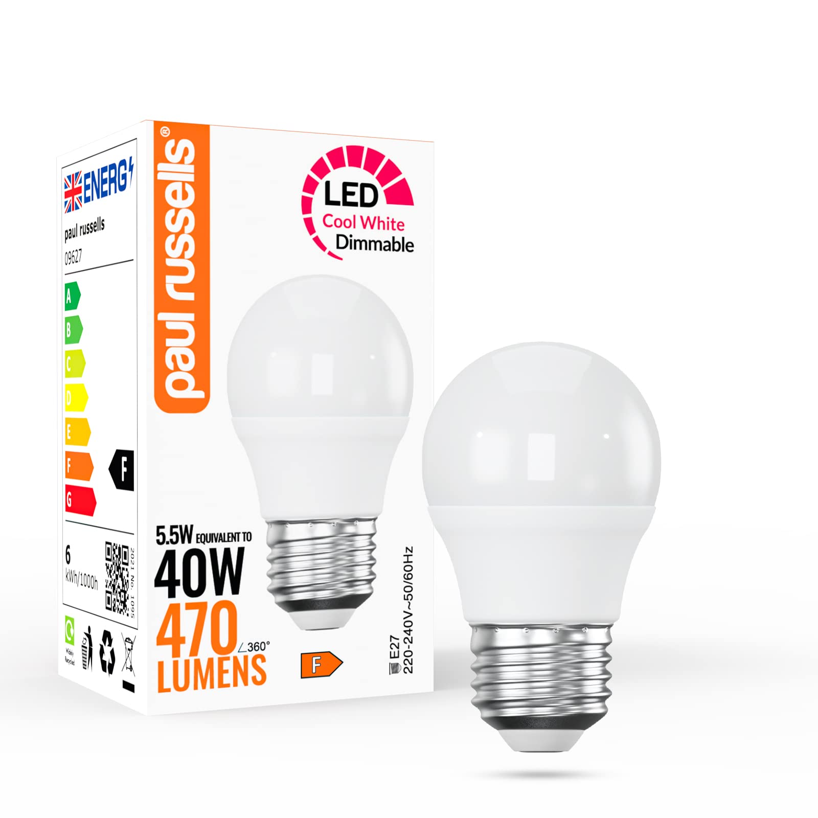paul russells LED Golf Ball – Dimmable Edison Screw Light, 5.5W 470 LM E27 G45 LED Bulbs, 40w Equivalent, 4000K Cool White/Natural White, Dimmer ES Energy Saving Ceiling Lightsbulbs, 1 Pack