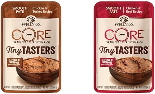 Wellness CORE Tiny Tasters - Paquete variado de alimentos húmedos para gatos paquete de 12 (paté para adultos, pollo y pavo) + paquete de 12