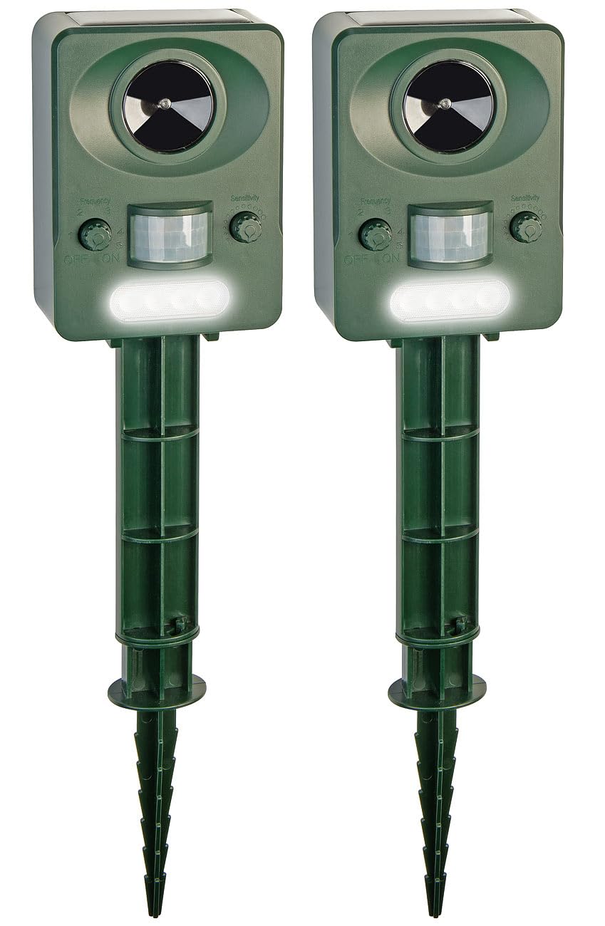 Exbuster repellente per gatti: Set di 2 Repellente per animali a ultrasuoni solare USB, Pannello solare, Batteria (rilevatore di movimento acustico, dispositivo animali, mouse)