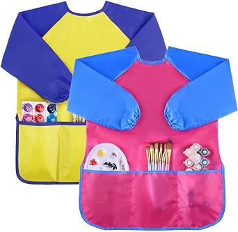 2 Pack Waterproof Art Smock, Artist Painting Apron with 3 Pockets for Cooking Painting Party Supplies, Long Sleeve Paints and Brushes Not Included