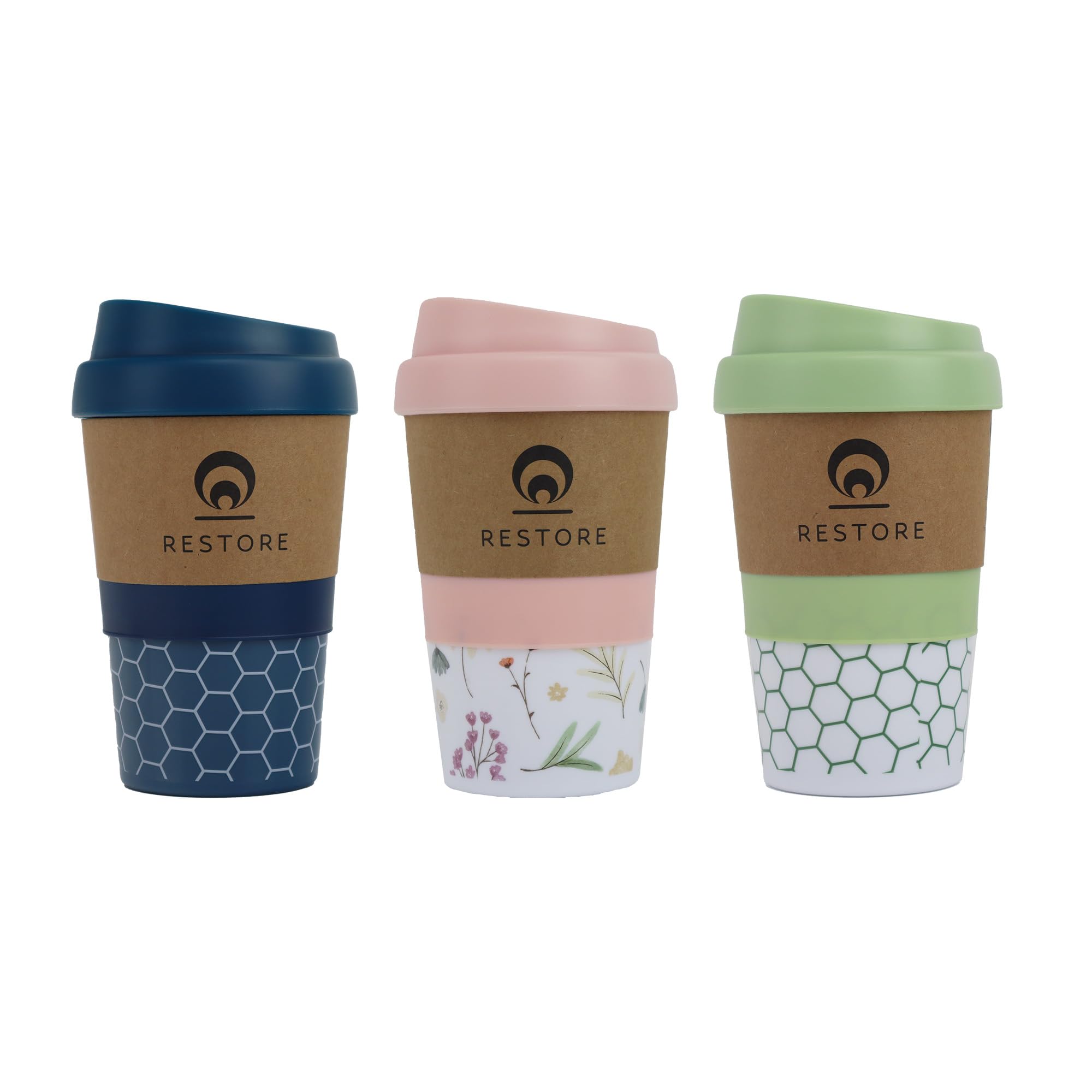 Restore Coffee Cup Travel Mug, Renew 320ml Multi Coloured Pack Reuseable Polypropylene Silicone Grip Leakproof BPA Free, Fits Standard Cup Holders (3 Pack Teal & Pink & Navy) — image 1