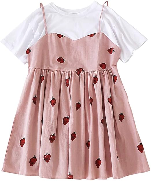 Amazon Co Jp Dokuichigo いちご 半袖 ワンピース レディース 重ね着風 韓国 原宿系 オルチャン 夏 ピンク 服 ファッション小物
