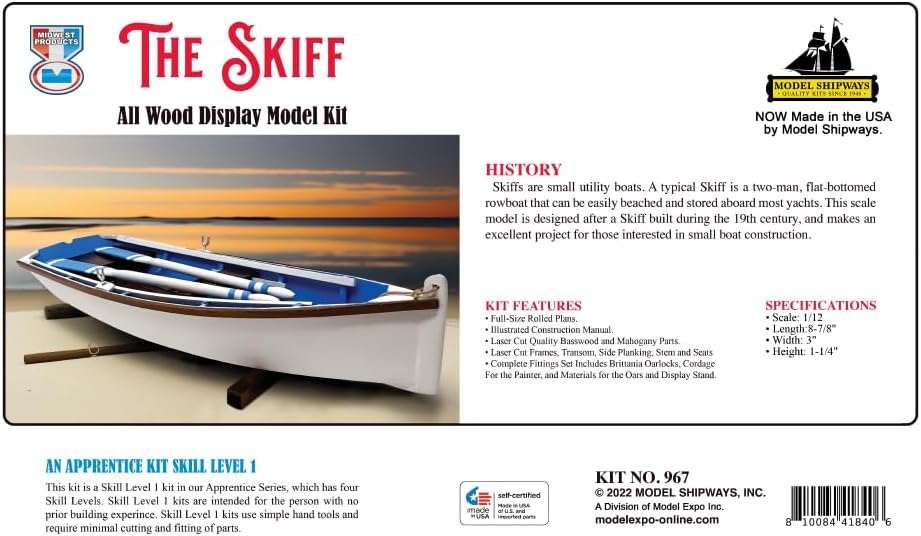 The Skiff model kit box opened, showing the instruction manual, wooden parts, and small fittings.