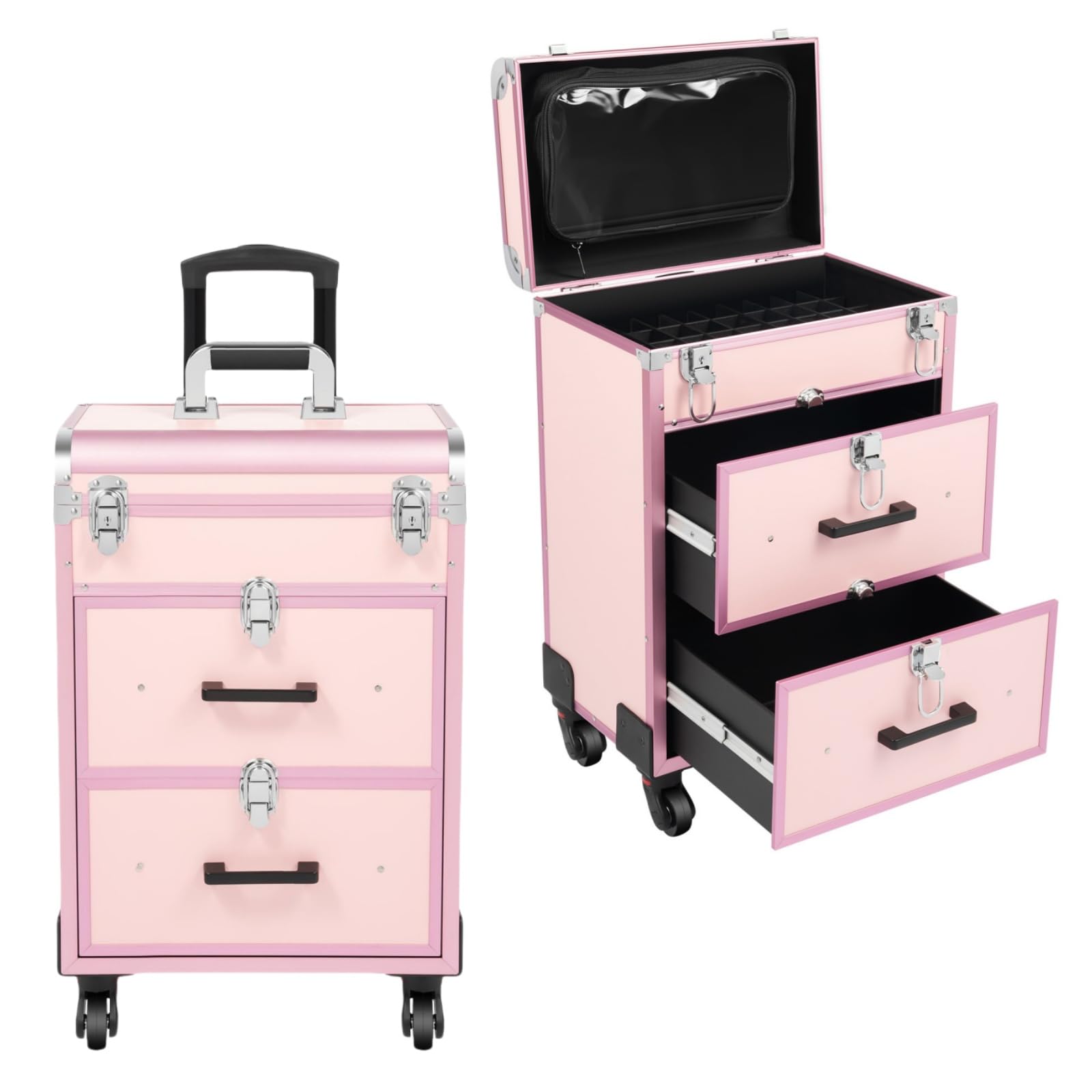Valise cosmétique à roulettes avec tiroir, Valise professionnelle à roulettes pour maquillage et ongles, Grande valise à maquillage verrouillable pour femmes avec roues pour voyage
