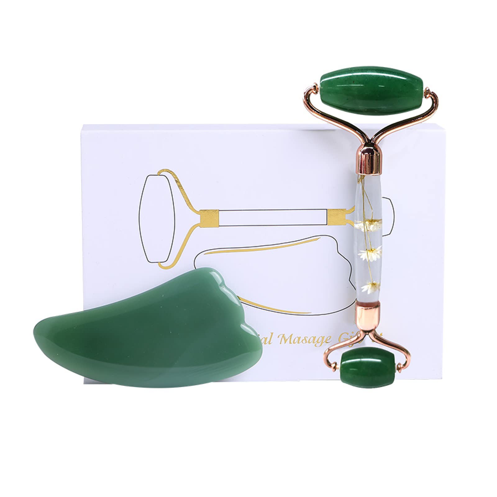 Rose Quartz Jade Roller y Gua Sha Set Masajeador facial Gouache Natural Jade Stone Cuidado de la piel Caja de herramientas de belleza, tipo 02