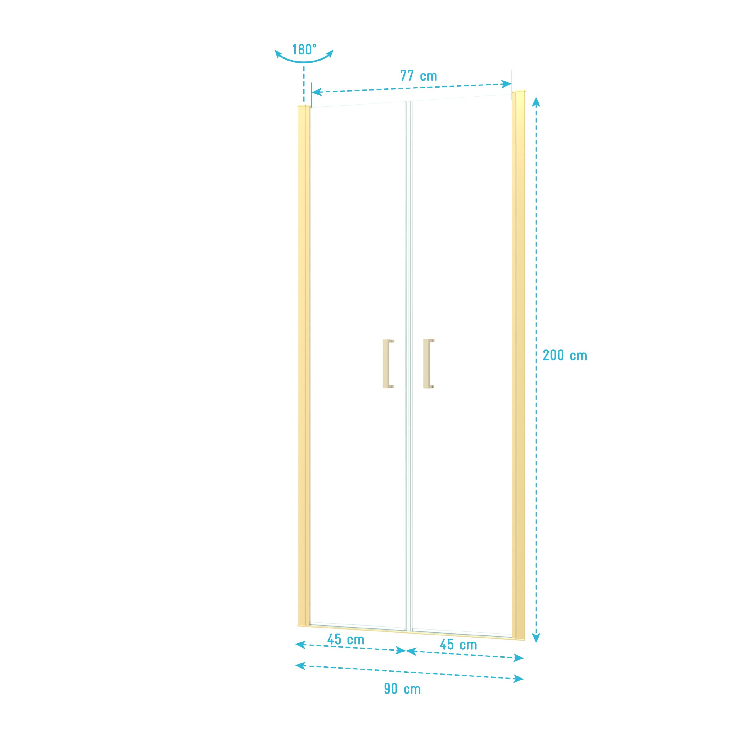 Porte de Douche Double Battant 90x200cm - Verre Trempé Transparent 6mm - Profil Or Doré Brossé