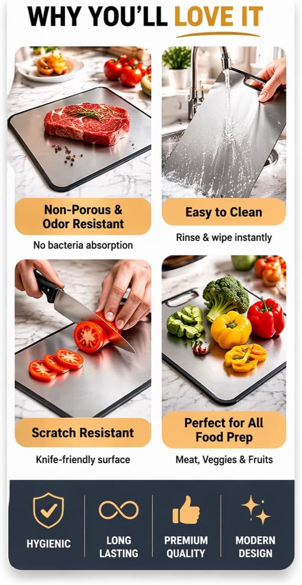 Titanium Cutting Board for Kitchen – Double Sided Metal Cutting Board, Non Toxic & Hygienic Chopping Board for Meat, Vegetables & Fruit, Easy to Clean & Odor Resistant