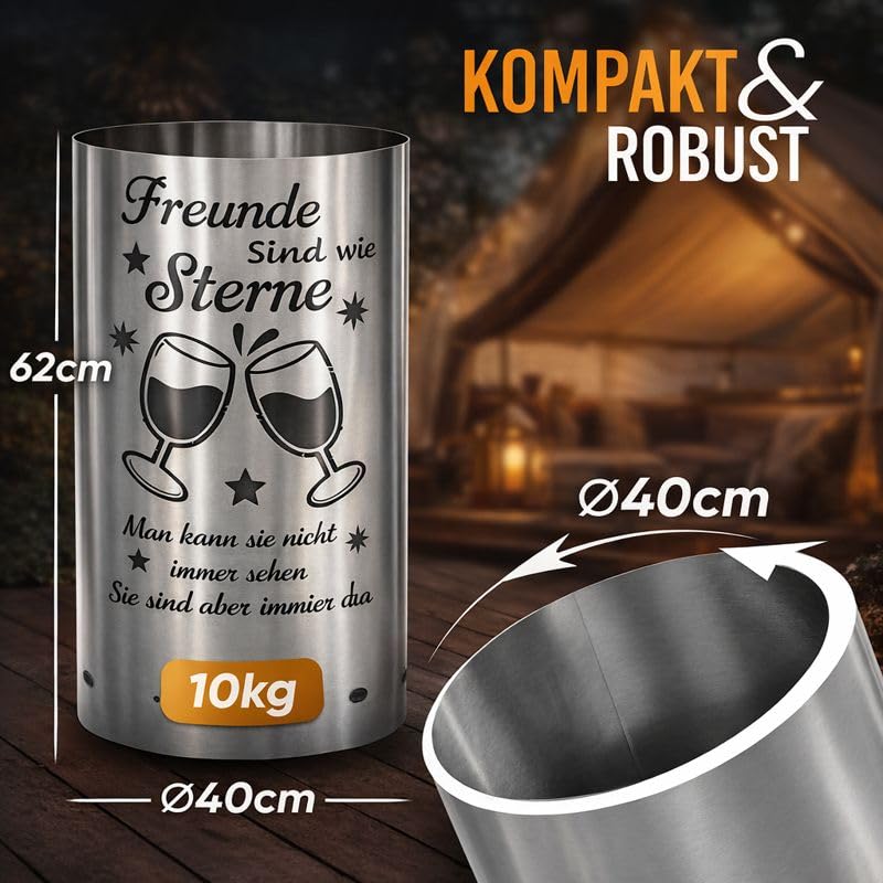 Feuertonne aus Stahl mit Spruch Freunde sind wie Sterne