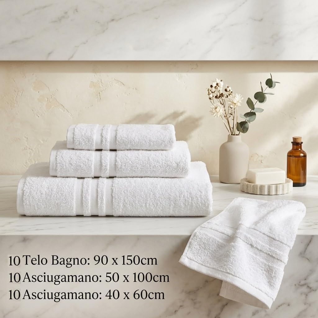 Generico Set Tris Spugna di 10 Teli Doccia Bagno, 10 Asciugamani Viso, 10 Asciugamani Ospite100% Cotone Spugna Idrofila 500 gr/mq Perfetto per Hotel, B&B e Case Vacanze Set 30 Pezzi Asciugamani