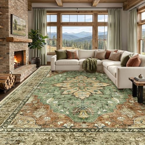 Image of RELEANY Washable Area Rug, Large 9'x12', Brick /Brown /Green