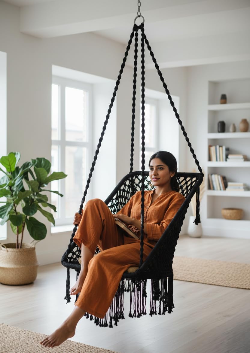 Patiofy Swing for Balcony/Jhula/Swing Chair for Adults for Home for Indoor Outdoor Premium Rectangular Swing Chair with Golden L Cushion & Free Hanging Kit Included- Black