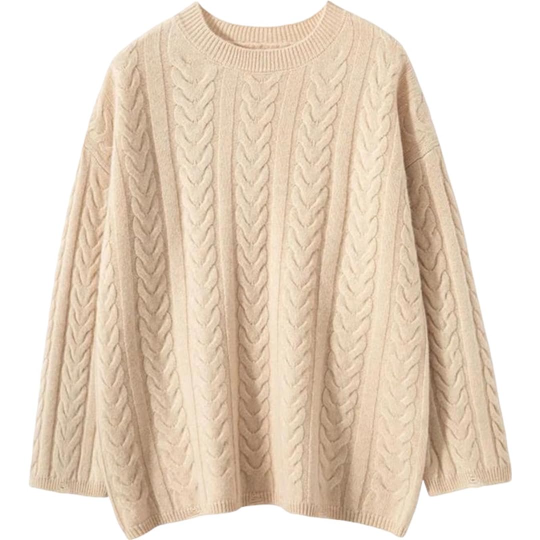 Womens Crewneck Pullover Sweater Long Sleeve Thick Cable Knit Loose Fit Casual Clothing Top Jumper for Women