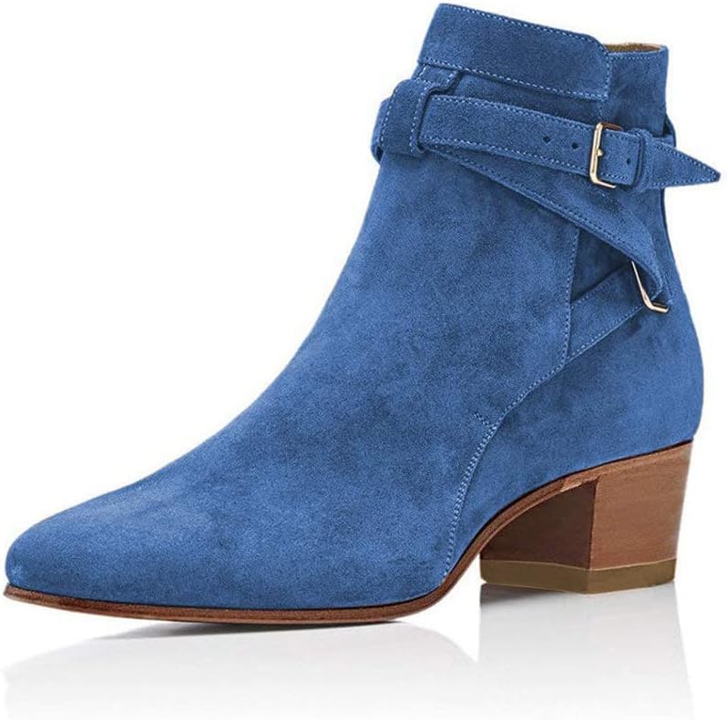 YDN Women Block Low Heel Suede Cowgirl Boots Pull on Ankle Bootie with Buckle