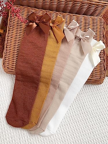 OYOANGLE Girl's 5 Pairs Bow Front Over the Calf Sock Ruffle Trim Knee High Socks Brown Khaki White 11-14Y2