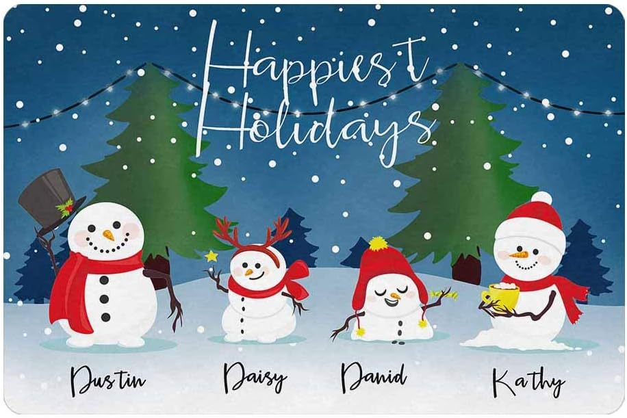 Custom Your Text Name Funny Christmas Doormat 30" X 18" Indoor Outdoor with Snowman Personalized Home Entrance Door Mat Rug Decor Happiest Holiday