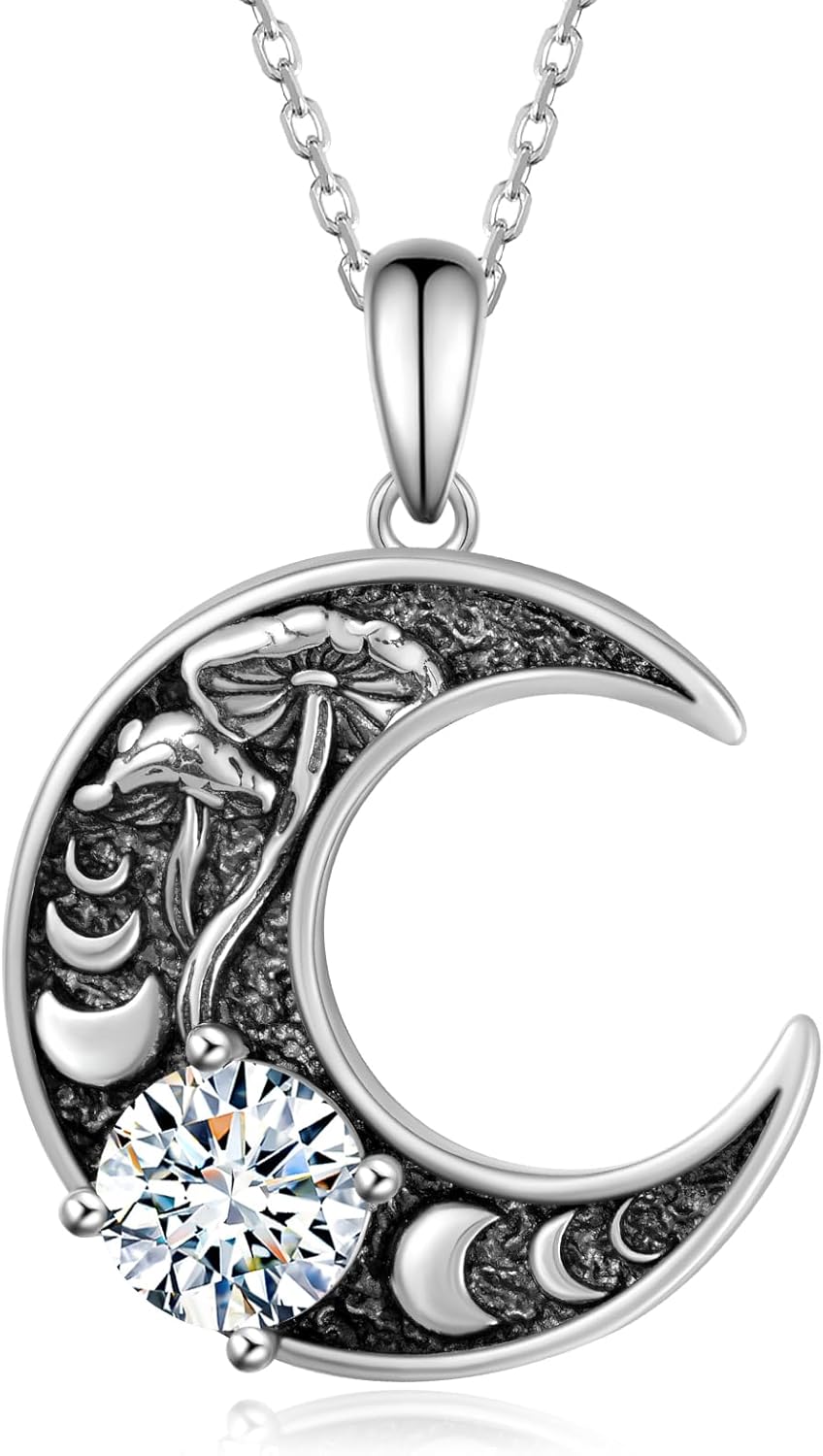 Moon Phase Moissanite Necklace 925 Sterling Silver Moon Phase Necklace Mushroom Moissanite Stone Jewelry Gifts for Women
