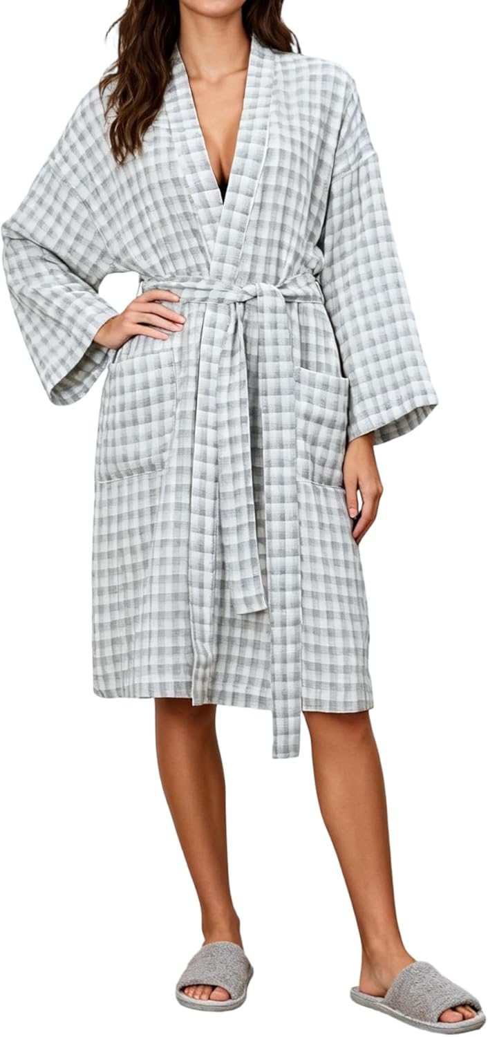 Amazhiyu Women's Cotton Gauze Lightweight Summer Plaid Kimono Bath Robe Pockets