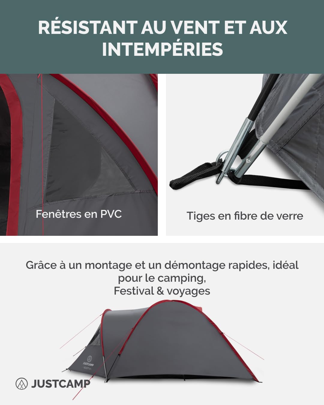 JUSTCAMP Scott Tente Igloo 4 Personnes - Abri de Camping dôme Pliable, moustiquaire - compacte, Premium - 4 Places - Igloo Tent 4 Personne, Tente extérieure - 3 x 2,5 x 1,3 m - 4,5 kg - Gris/Noir