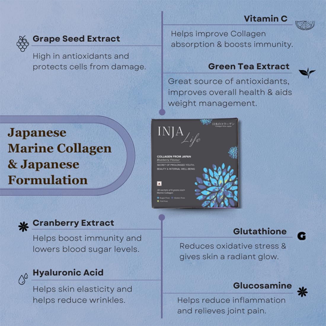 Inya Wellness Life Marine Collagen Supplement Powder, Japanese collagen, healthy skin, joints, hair growth, zero sugar, blueberry, 150 grams, 1 count, 30 servings Inya Wellness Life Marine Collagen Supplement Powder, Japanese collagen, healthy skin, joints, hair growth, zero sugar, blueberry, 150 grams, 1 count, 30 servings