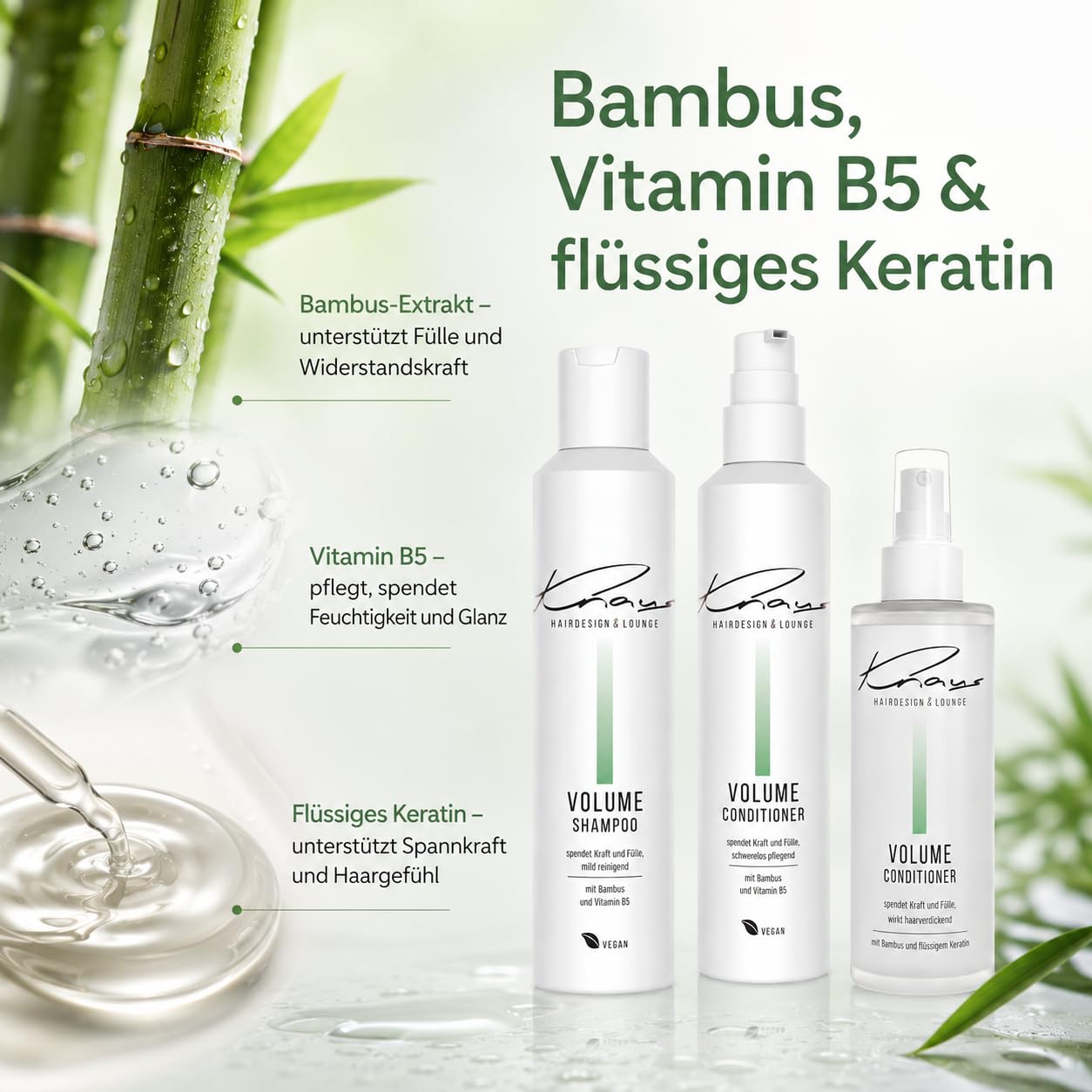 Knaus Volume Set 3-teilig - Friseur Shampoo Conditioner und Energy Spray mit Bambus, Vitamin B5 und Keratin für feines Haar, gegen kraftloses dünnes Haar, vegan, 2x200ml plus 100ml