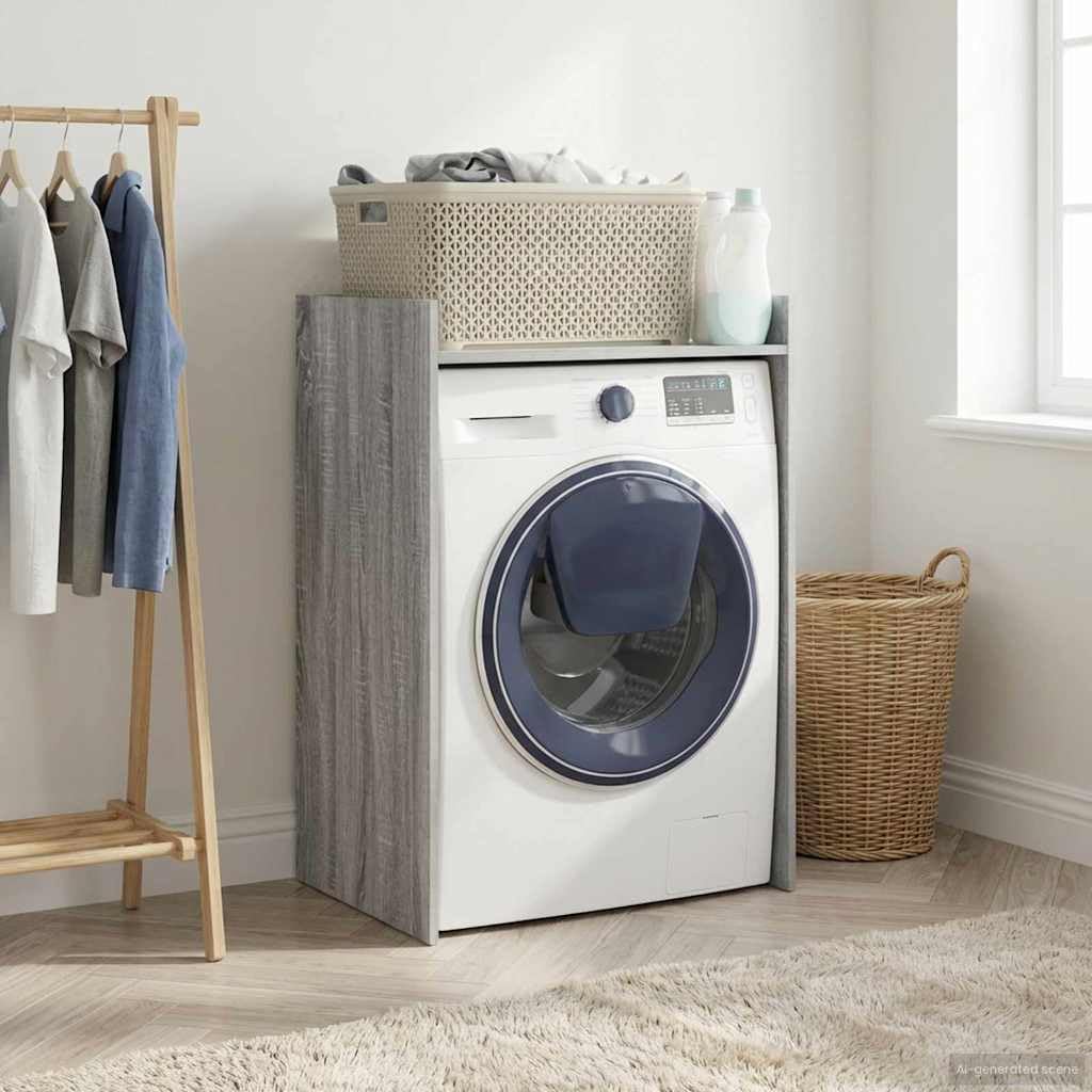 Mobile per lavatrice in legno Sonoma grigio, 67,5 x 48 x 97 cm, con vano portaoggetti, scomparti, porta e ripiano per bagno, lavanderia e ordine in piccoli spazi