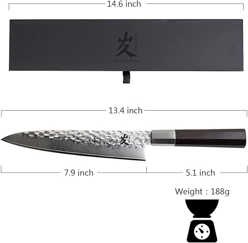 Miniatura 2 de SAMCOOK Cuchillo de chef japonés  Cuchillo de cocina profesional de 8 pulgadas con acabado martillado Damasco, VG10 Damasco de acero de alto