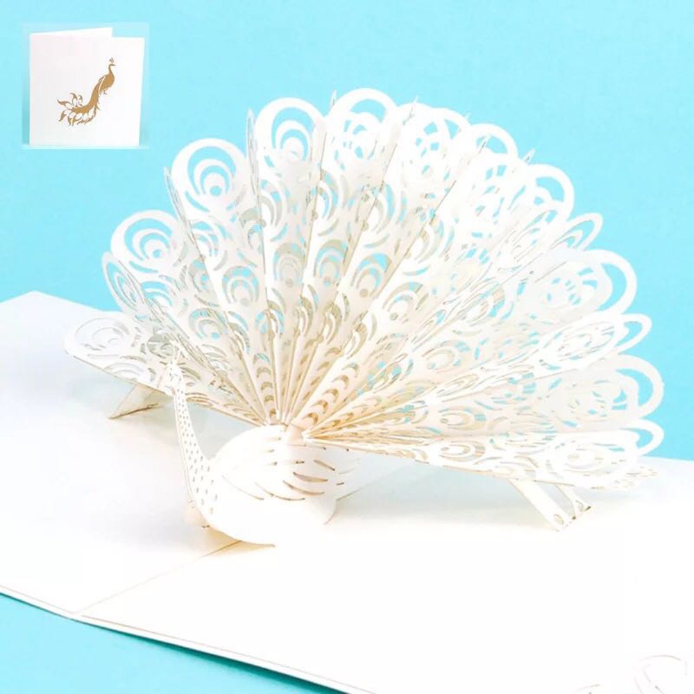 Handmade 3D Pop Up Birthday Cards Creative Greeting Cards Papercraft (180° Peacock Card(white）)