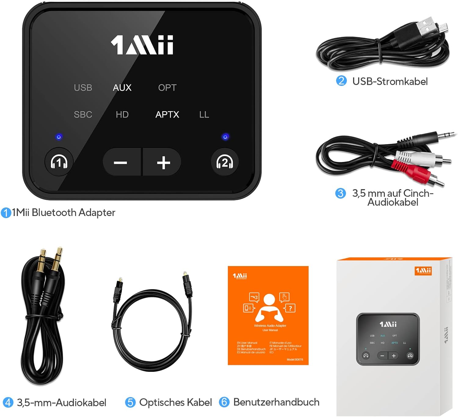 Contents of the 1Mii B06T6 package including the Bluetooth adapter, USB power cable, 3.5mm audio cable, 3.5mm to RCA cable, optical cable, and user manual.