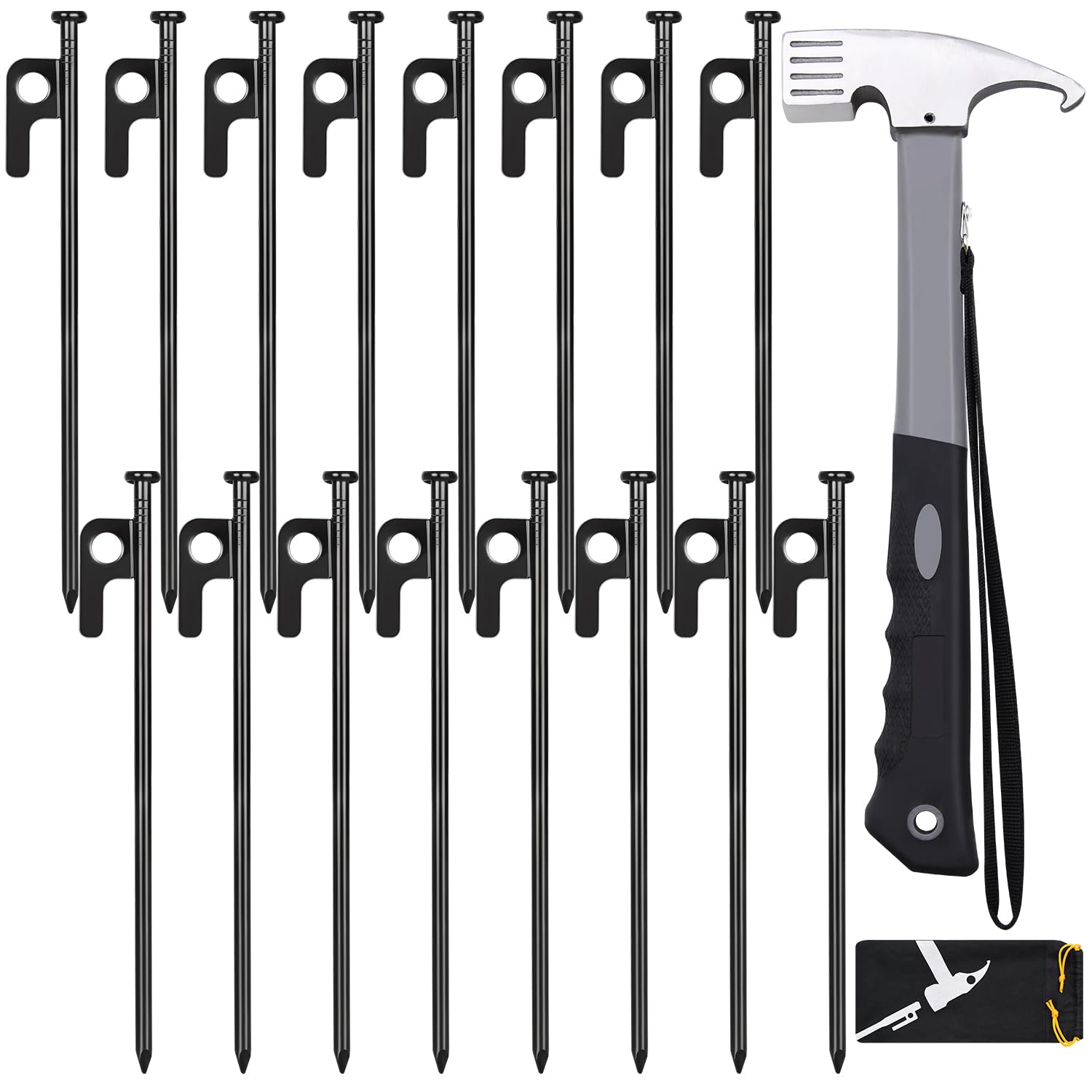 Tent Stakes and Hammer Set, 16 Pack 8in Heavy Duty Forged Steel Tent Stakes + 12in Heavy Duty Camping Hammer + Storage Pouch, Available in Rocky Place(16 Pack 8in Stakes + Hammer)-image-1