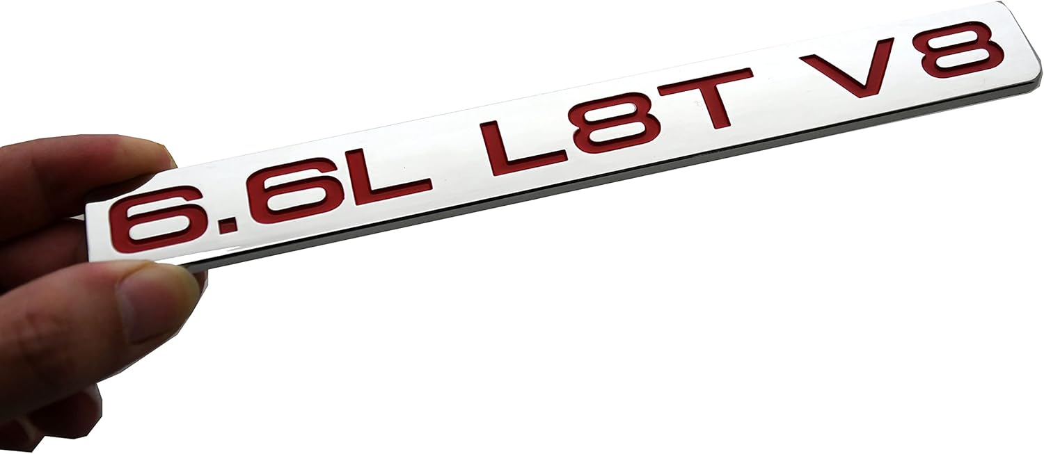 2pcs 6.6L L8T V8 Liter Gas Engine Hood Emblems 3D Badge Door Decal Sticker Replacement for 2019-2022 Chevrolet Silverado 2500HD 3500HD (Chrome Red) (6.6L#2)