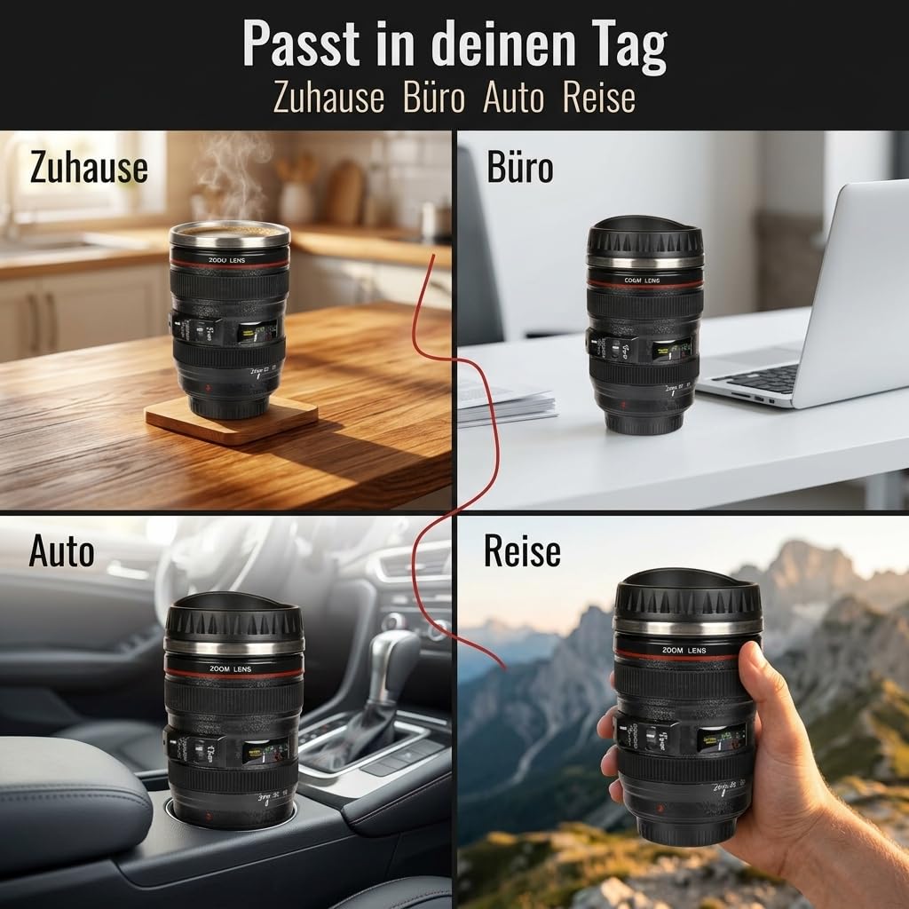 MIJOMA Kameraobjektiv Becher – Thermobecher mit Edelstahleinsatz – 350 ml – Kaffeebecher im Kamera-Design – mit Deckel & rutschfestem Griff (Packung mit 2)
