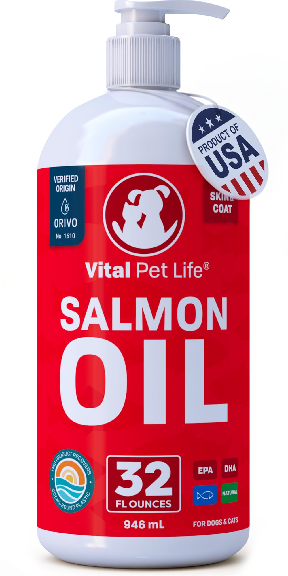 Salmon Oil for Dogs & Cats - Healthy Skin & Coat, Fish Oil, Omega 3 EPA DHA, Liquid Food Supplement for Pets, All Natural, Supports Joint & Bone Health, Natural Allergy & Inflammation Defense, 8 oz