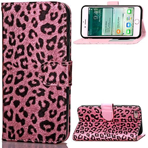 QFUN Leopard Print Wallet Case for iphone 6 Plus/6S Plus, Fashion Design Double Magnetic Stand Leather Phone Case Drop Protection Protective Case Bumper Flip Cover and Screen Protector,Pink