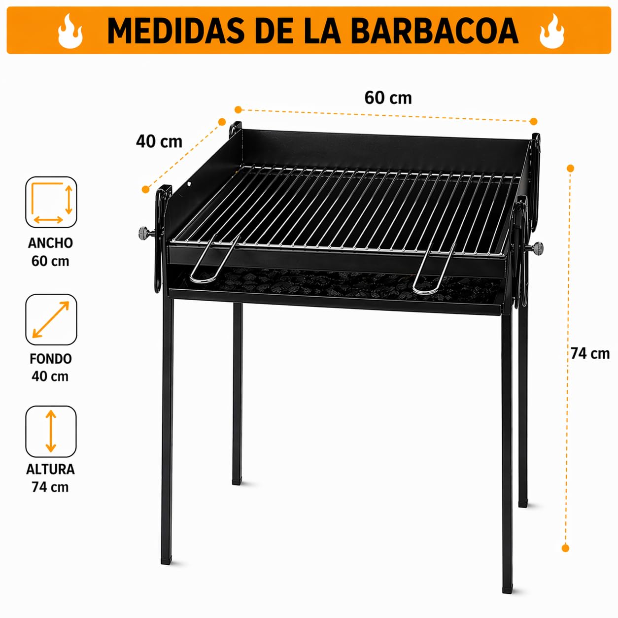 Barbacoa de Carbón Rectangular Portátil con Parrilla Elevable – Acero Resistente para Jardín y Terraz (60x40)