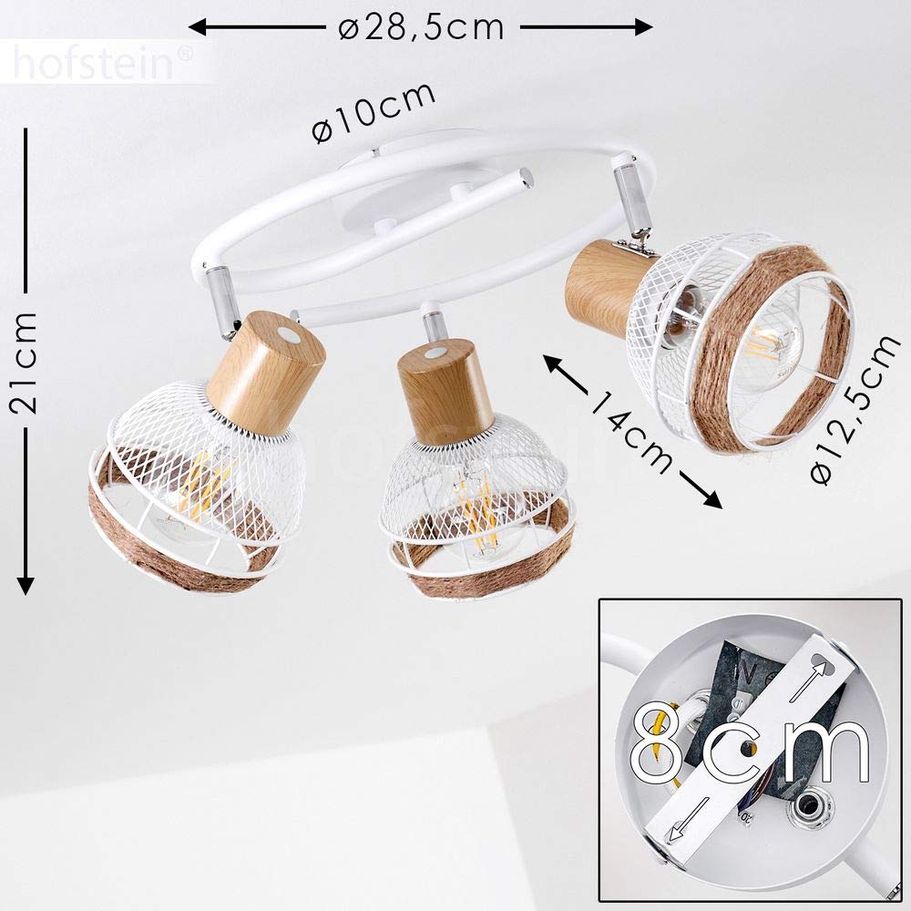 Lámpara de techo Bariloche, lámpara de techo redonda de metal/madera/cuerda de cáñamo en blanco/cromo/naturaleza, 3 llamas, pantallas orientables y giratorias, E27, óptica de celosía, sin bombilla(s)