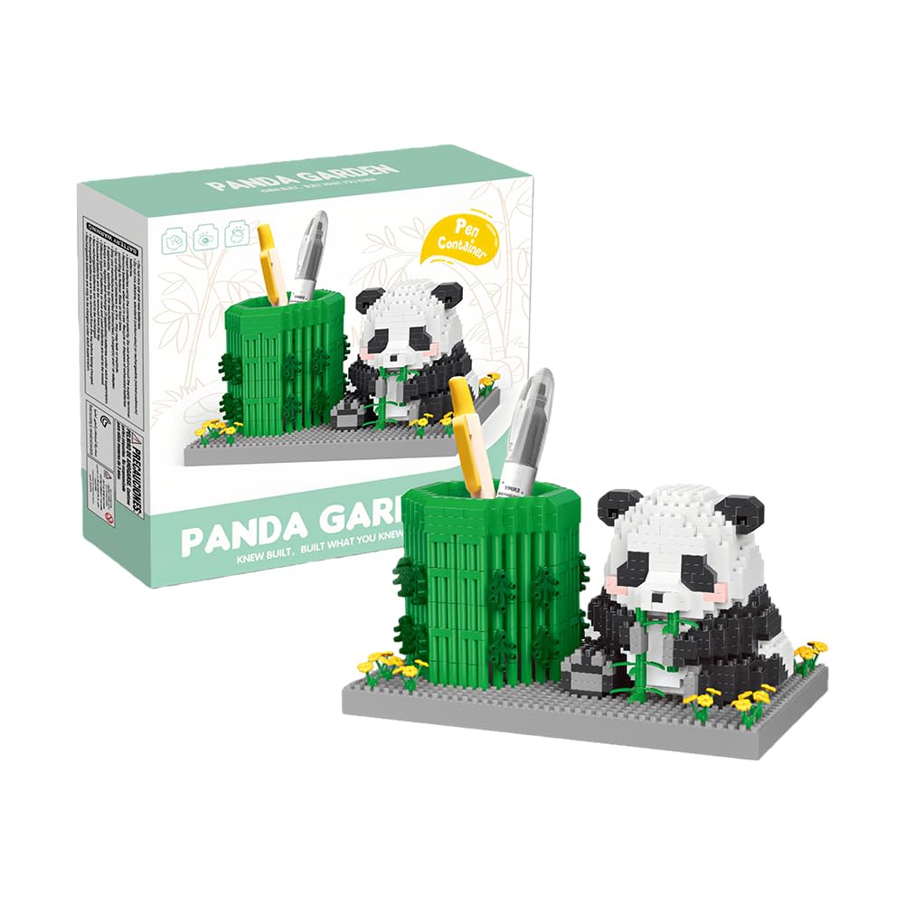 MGKEOUF Pandas Eat Bamboo,Building Set,Animal Building Block Pencil Holder,Cute Animal Pencil Holder for Desk,Office School Stationery Organiser,Cute Model Birthday Gift for Panda Lovers-Green