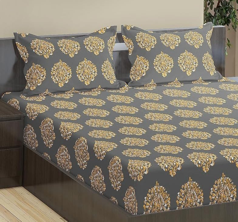 Image of Trance Home Linen 200TC 100% Cotton 75 inchx60 inch Double Bed Size Elastic Fitted Bedsheet | Printed Double Size Bed Elasticated Fitted Bedspread with 2 Pillow Covers (75x60 inch, Damask Warm Grey Mustard)