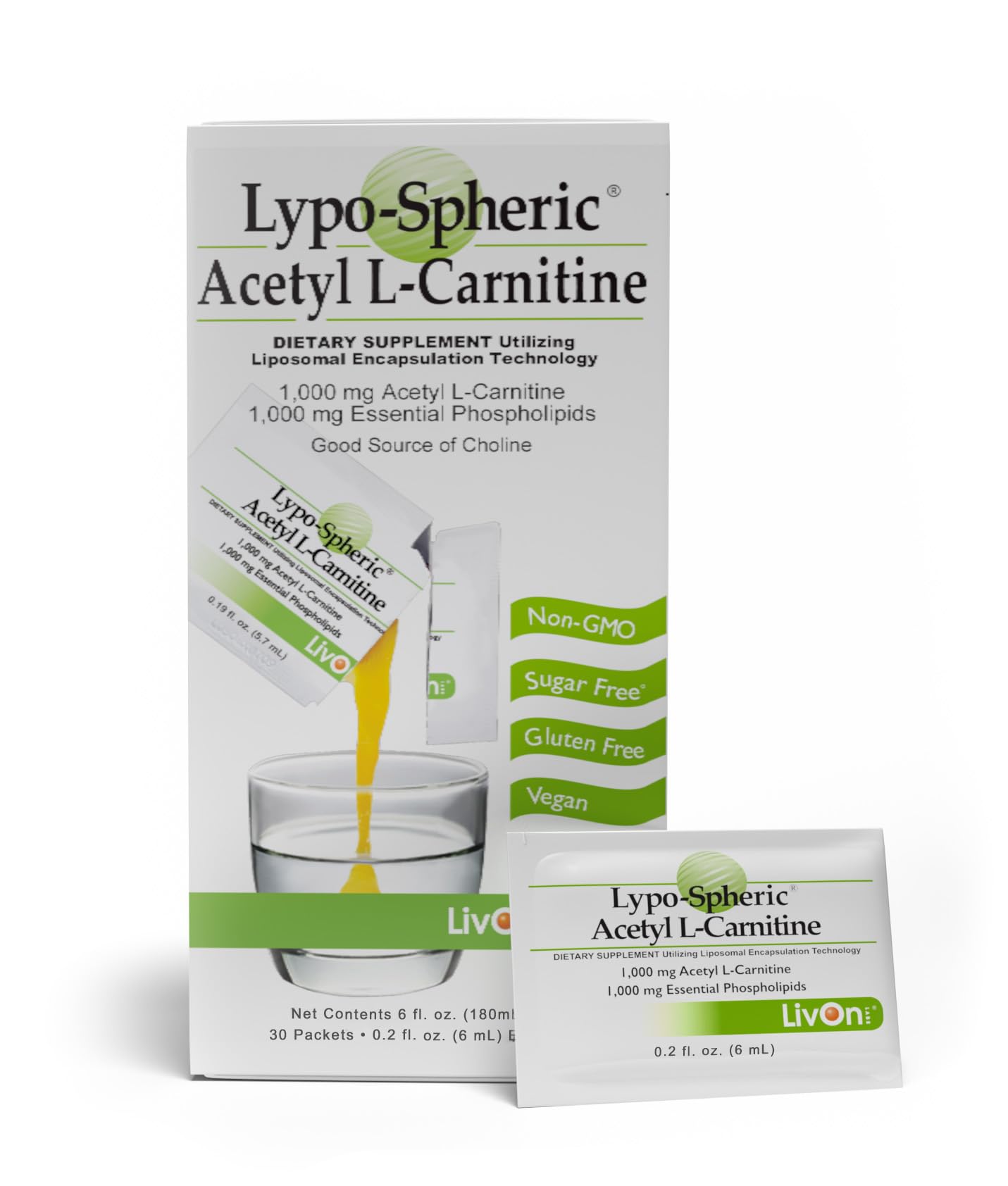 Lypo-Spheric Acetyl L-Carnitine – 1,000 mg Acetyl L-Carnitine & Essential Phospholipids Per Packet – Liposome Encapsulated for Maximum Bioavailability – 100% Non-GMO - (30 Individual Packets)